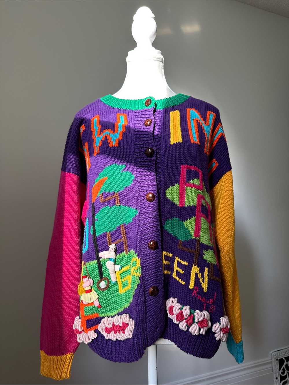 RAQUELS COLLECTION‎ Handmade Vintage Colourful Golf Novelty Knit Cardigan Medium